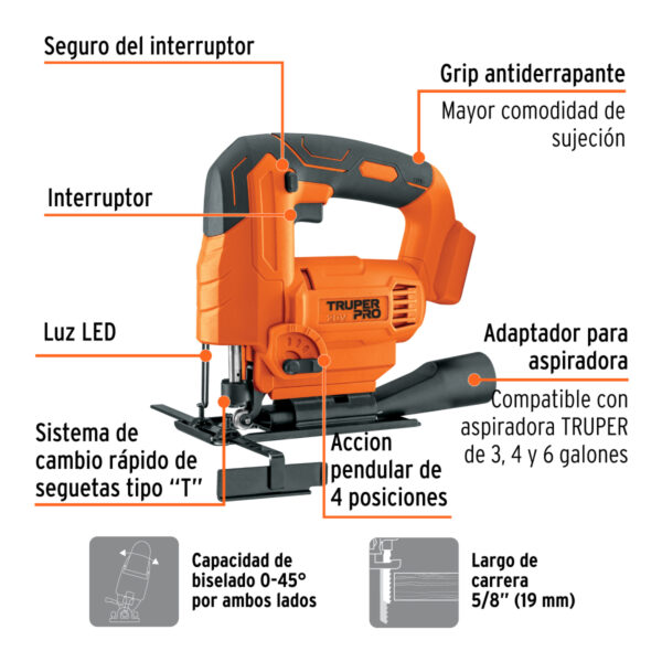 Sierra caladora inal. 20V, s/accesorios, TRUPER PRO