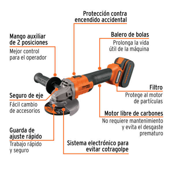 Esmeriladora 4-1/2", 20V, 1 batería 4Ah, TRUPER PRO