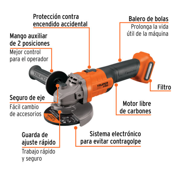 Esmeriladora 4-1/2", 20V, sin accesorios, TRUPER PRO