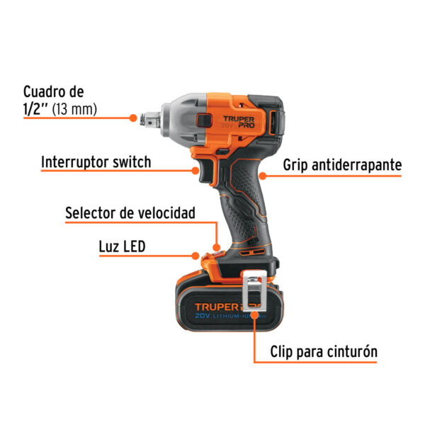 Llave de impacto 1/2", 20V, 184 lb/ft, 1 batería 4Ah, PRO
