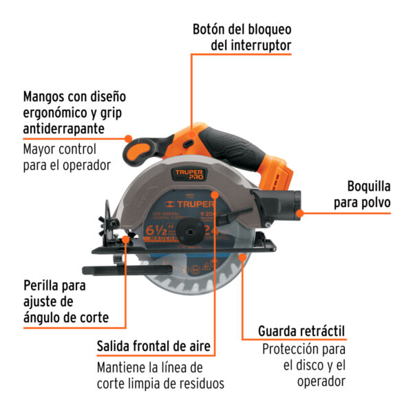 Sierra circular 6-1/2", 20V, sin accesorios, TRUPER PRO