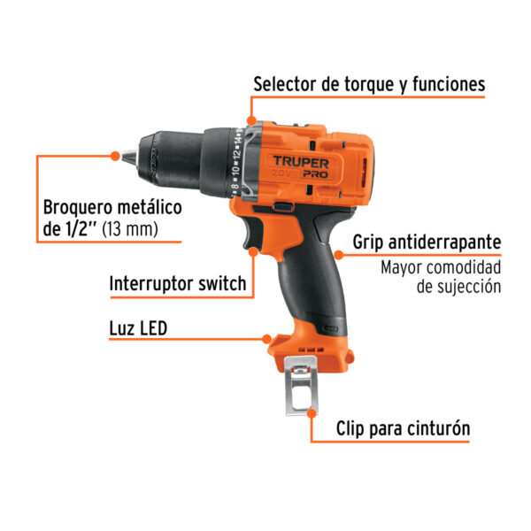 Taladro 1/2", 20V, sin accesorios, PRO
