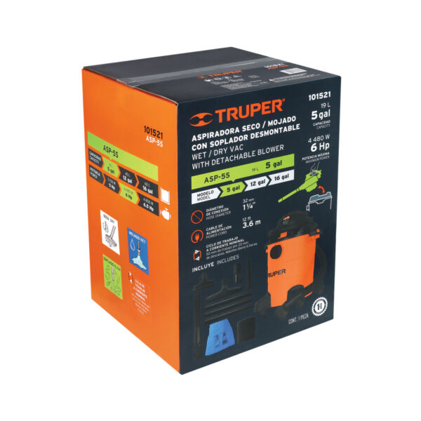 Aspiradora sólidos y líquidos, 5 gal, soplador desmontable