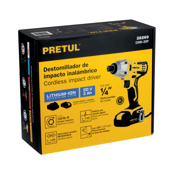 Destornillador de impacto 1/4", 20V, 1 batería 2Ah, PRETUL