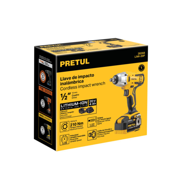 Llave de impacto 1/2", 20V, 155 lb/ft, 1 batería 4Ah, PRETUL