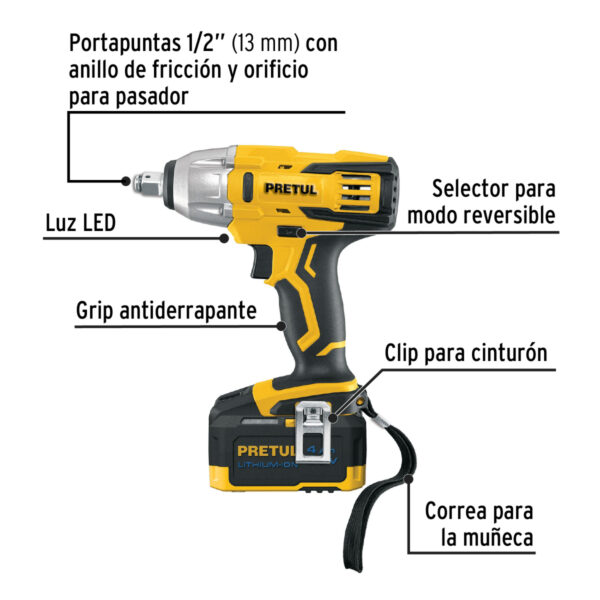 Llave de impacto 1/2", 20V, 155 lb/ft, 1 batería 4Ah, PRETUL