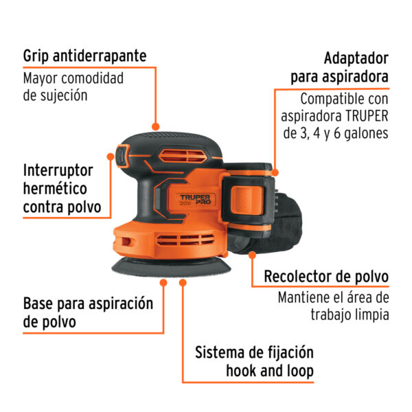Lijadora roto-orbital 5", 20V, 1 batería 2Ah, TRUPER PRO