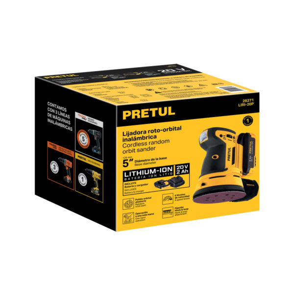 Lijadora roto-orbital 5", 20V, 1 batería 2Ah, PRETUL