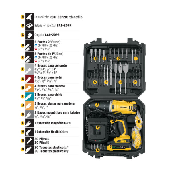 Kit rotomartillo 1/2", 20V, 32 accesorios, PRETUL
