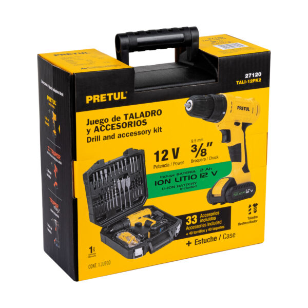 Kit taladro 3/8", 12V, 33 accesorios, en estuche, PRETUL