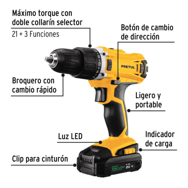 Taladro 1/2", 20V, 1 batería 2Ah, PRETUL